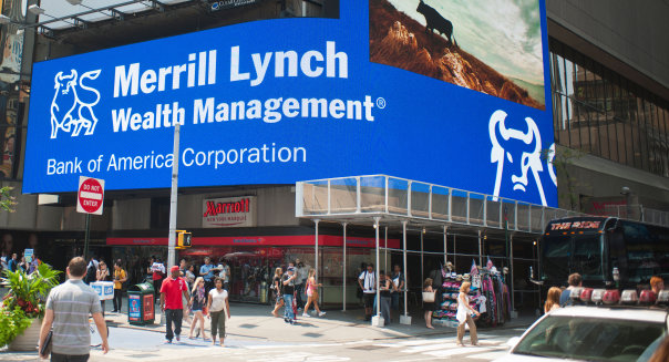The new Bank of America illuminated sign promotes their Merrill Lynch brokerage