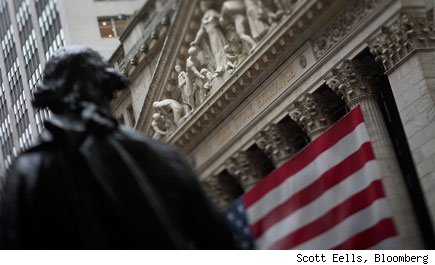 American flag is hung on the exterior of the New York Stock Exchange